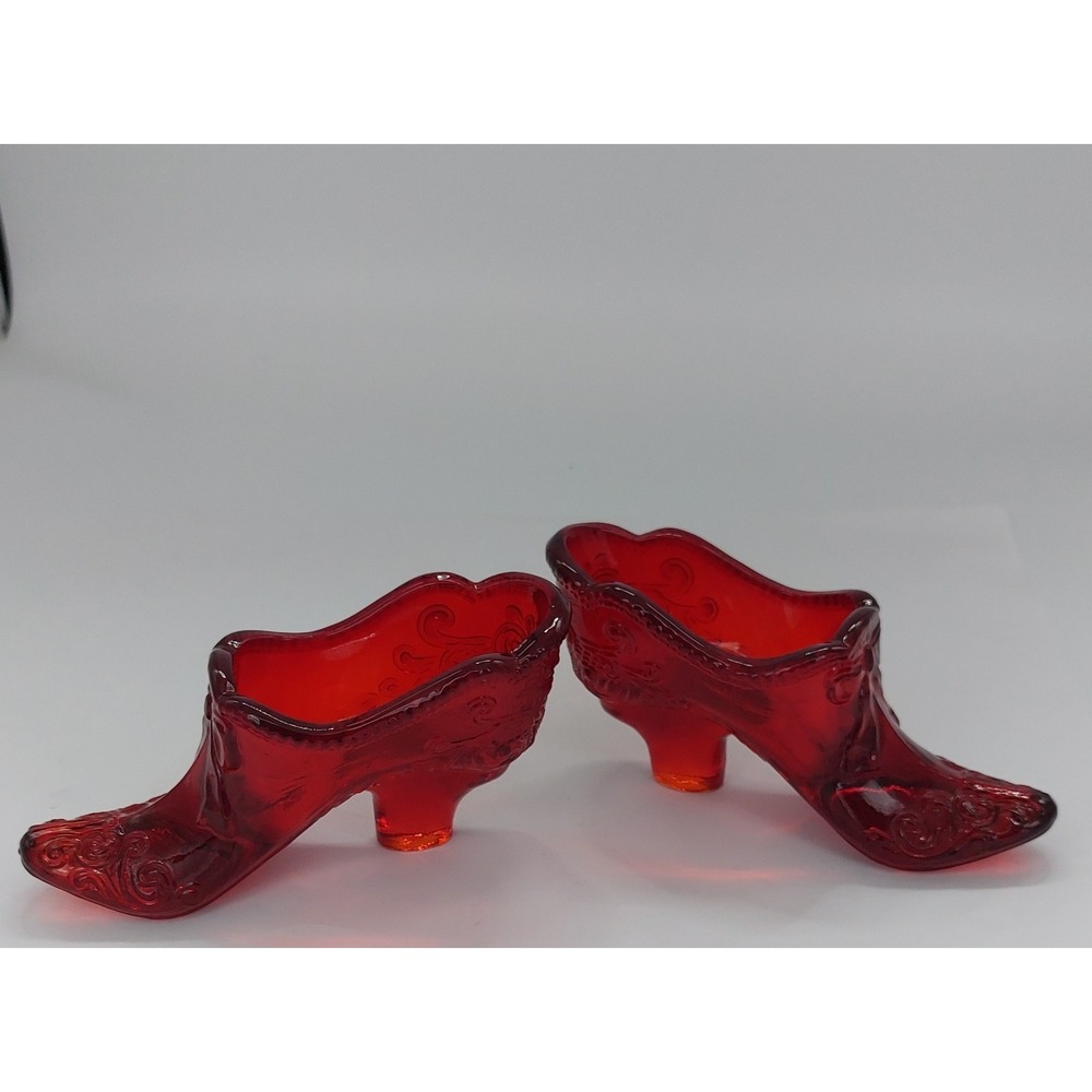 Lot 2 Vtg Mosser 4.5" Glass Ruby Red Boot Shoe Victorian Bow Scroll Design